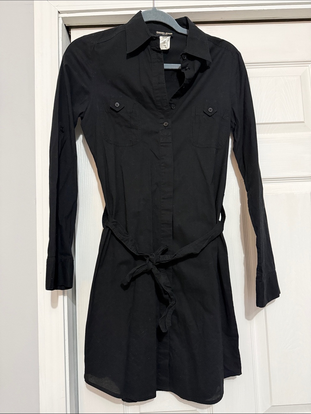 Guess Black Long-Sleeve Shirt Dress with Tie Waist